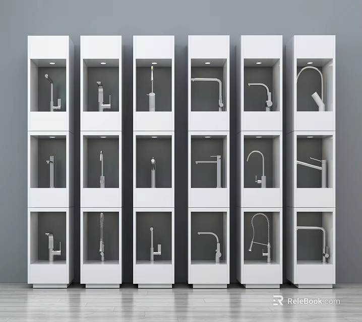 Six White Display Cabinets With Three Shelves Each Showcasing Various Faucet Styles 3d model 