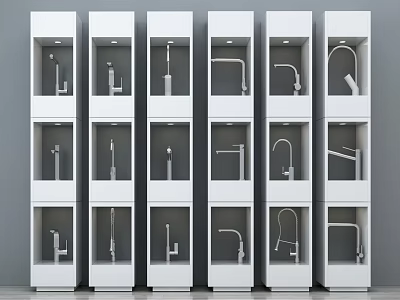 Six White Display Cabinets With Three Shelves Each Showcasing Various Faucet Styles 3d model