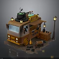 Enchanted Food Truck 3D Model With Cauldron Potion Bottles Broom And Street Lamp