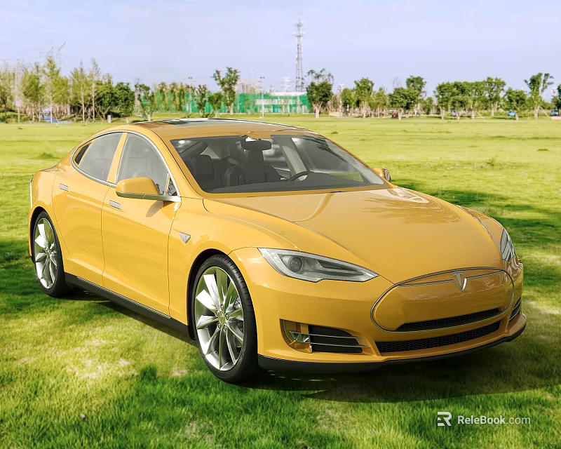 Yellow Tesla Sedan Parked On Green Grass Field With Trees And Blue Sky Background 3d model 