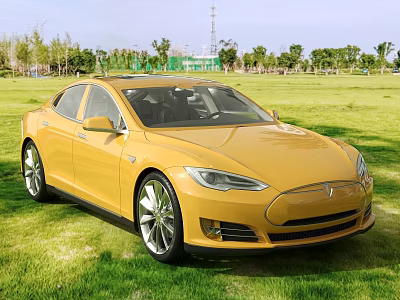 Yellow Tesla Sedan Parked On Green Grass Field With Trees And Blue Sky Background 3d model