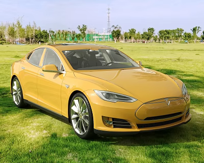 Yellow Tesla Sedan Parked On Green Grass Field With Trees And Blue Sky Background 3d model