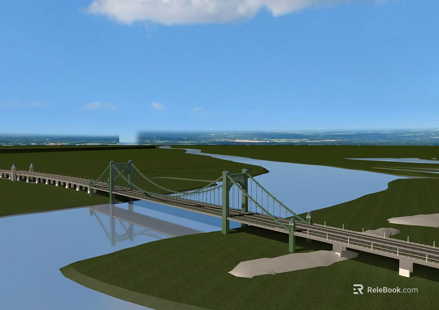 Green Cable Stayed Bridge Over River With Scenic Grassland And Blue Sky 3d model 