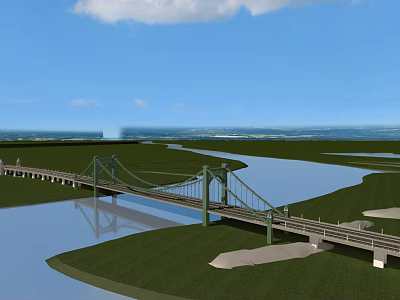 Green Cable Stayed Bridge Over River With Scenic Grassland And Blue Sky 3d model