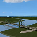 Green Cable Stayed Bridge Over River With Scenic Grassland And Blue Sky