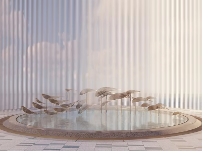 Metal Petal Sculpture In Circular Pool With Vertical Striped Wall And Cloudy Sky 3d model