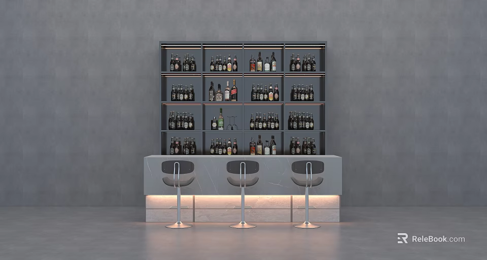 Gray Wall with Wine Rack Filled with Bottles and Below Counter with Bar Stools 3d model 
