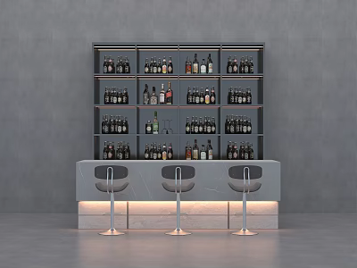 Gray Wall with Wine Rack Filled with Bottles and Below Counter with Bar Stools 3d model