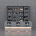 Gray Wall with Wine Rack Filled with Bottles and Below Counter with Bar Stools