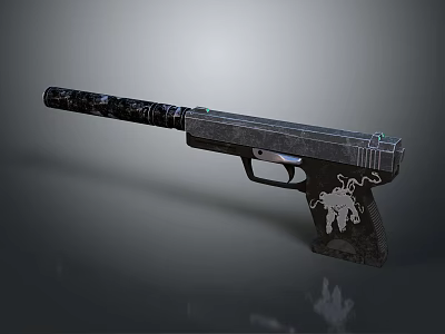 Black Gray Tactical Pistol With Engraved Spider Patterns On Metal Grip 3d model