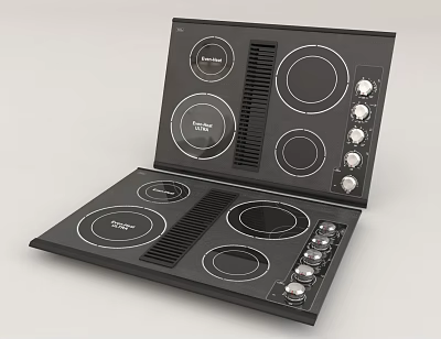 Sleek Black Induction Cooktops With Multiple Burners And Control Knobs 3d model