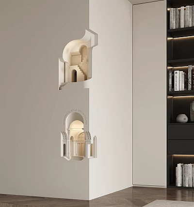 Elegant Modern Interior Wall Decor With Stylish Wall Lamps And Bookshelves 3d model