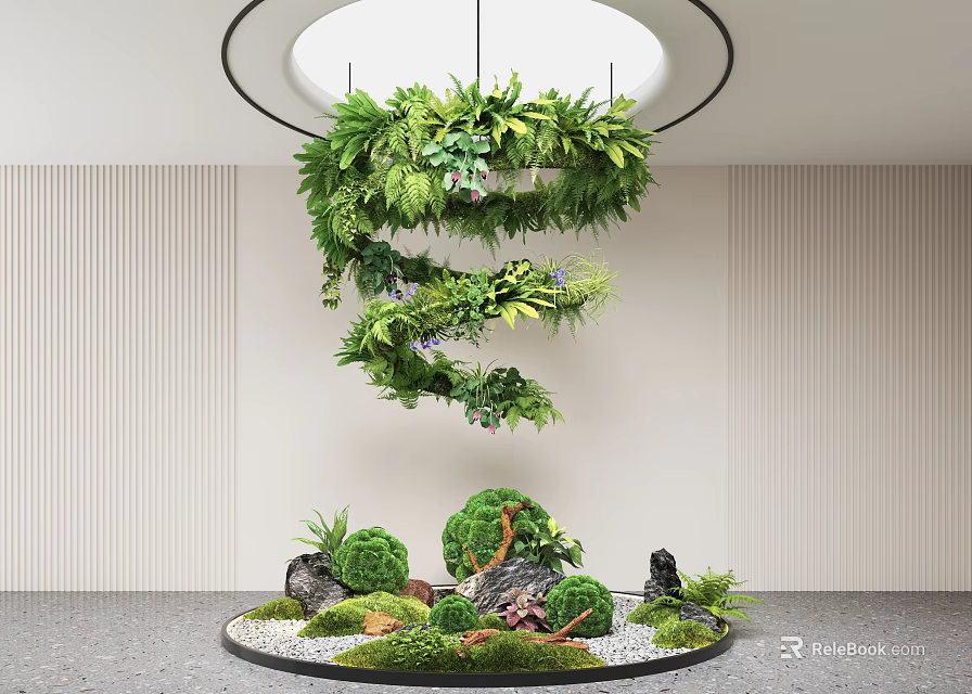 Indoor Landscape Featuring Hanging Circular Greenery Spiral And Round Garden With Small Plants Stones Moss 3d model 