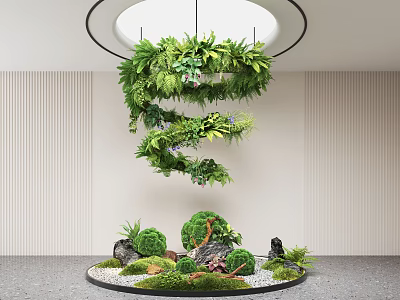 Indoor Landscape Featuring Hanging Circular Greenery Spiral And Round Garden With Small Plants Stones Moss 3d model