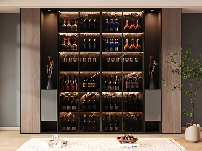 Elegant Modern Wine Cabinet with Glass Doors Built-in Glass Racks Wine Bottle Storage and Lighting 3d model