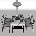 Modern Dining Table Set With Marble Top Metal Chairs Gray Cushions Pendant Light And Tableware