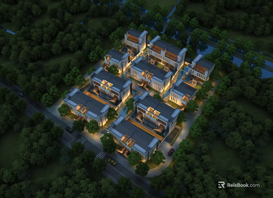 Aerial View Planning of Illuminated Residential Buildings With Trees and Landscaped Layout 3d model 