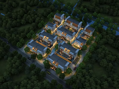 Aerial View Planning of Illuminated Residential Buildings With Trees and Landscaped Layout 3d model