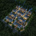 Aerial View Planning of Illuminated Residential Buildings With Trees and Landscaped Layout