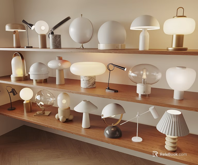 Collection Of Modern Table Lamps With Various Shapes And Materials On Wooden Shelves 3d model 
