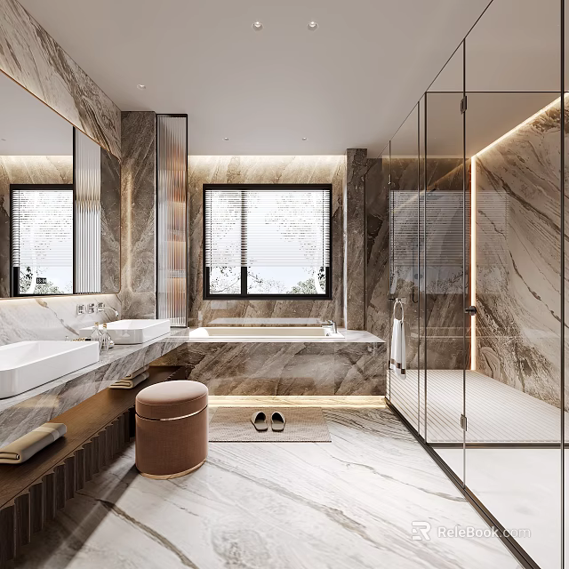 Modern Luxury Bathroom Interior With Marble Bathtub Shower And Vanity 3d model 