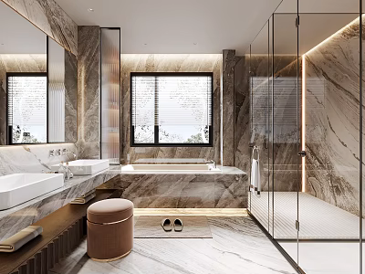 Modern Luxury Bathroom Interior With Marble Bathtub Shower And Vanity 3d model