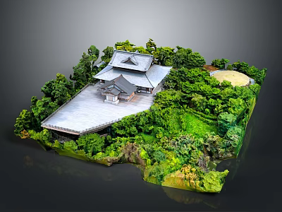 Traditional Japanese Building With Pagoda Roof Surrounded By Lush Greenery In Miniature Garden Model 3d model