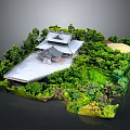 Traditional Japanese Building With Pagoda Roof Surrounded By Lush Greenery In Miniature Garden Model