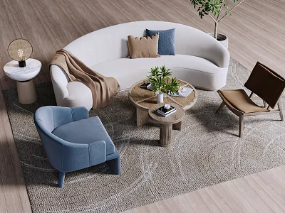 Modern White Curved Sofa Coffee Table Set With Wooden Rounds Accent Chairs And Decorative Pillows 3d model