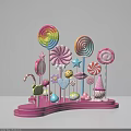 Colorful Candy Themed Window Display Decoration With Lollipops Stars Hearts And Pink Base