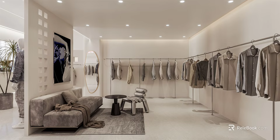 Modern Clothing Store Interior With Hanging Garments Racks Sofa Mirror And Decorative Artwork 3d model 
