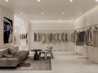 Modern Clothing Store Interior With Hanging Garments Racks Sofa Mirror And Decorative Artwork 3d model