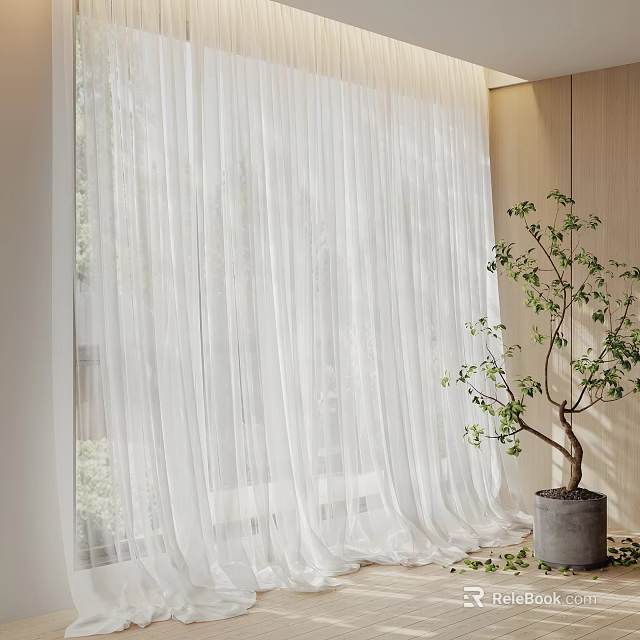 White Sheer Curtains In Bright Indoor Space With Potted Green Plant 3d model 