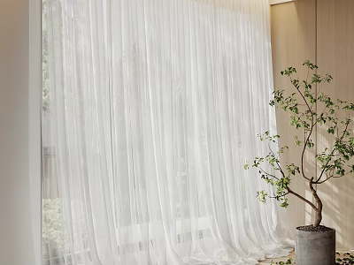 White Sheer Curtains In Bright Indoor Space With Potted Green Plant 3d model
