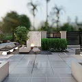 Modern Courtyard Garden Design With Stone Tiles Lush Green Plants Outdoor Seating And Fire Pit