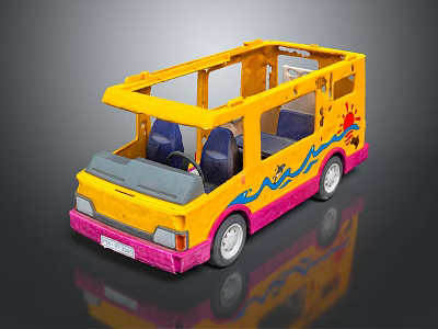 Yellow and Pink Toy Bus with Blue Wave Patterns Red Sun Design and Blue Seats 3d model
