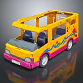 Yellow and Pink Toy Bus with Blue Wave Patterns Red Sun Design and Blue Seats