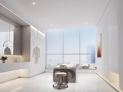 Modern SPA Sauna Room With White Marble Interior Natural Light Large Windows And Massage Bed 3d model
