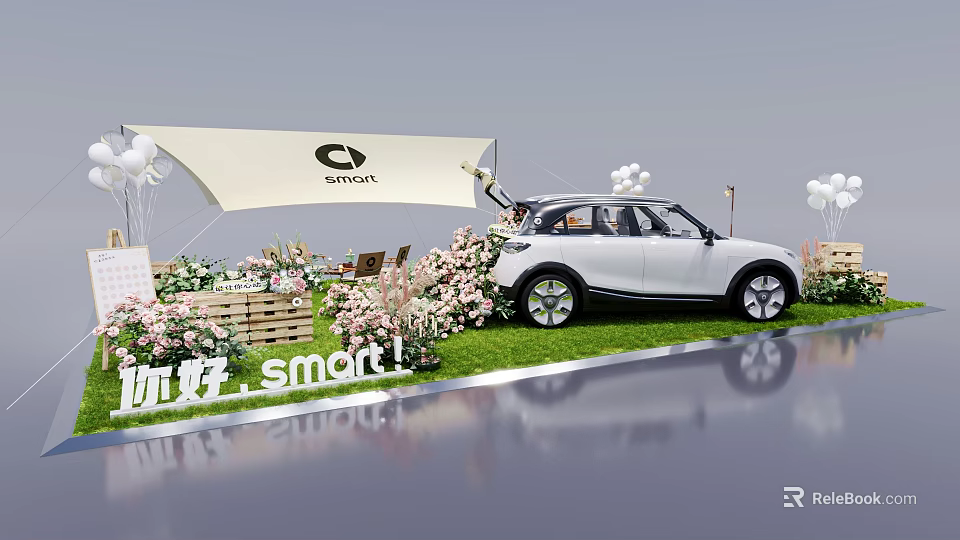 Exhibition Tables And Chairs Setup At Smart Outdoor Event With Flowers And Grass Decoration 3d model 
