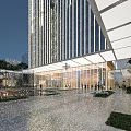 Modern Sales Office Building With Glass Curtain Wall Metal Stripes And Pedestrian Entrance Plaza