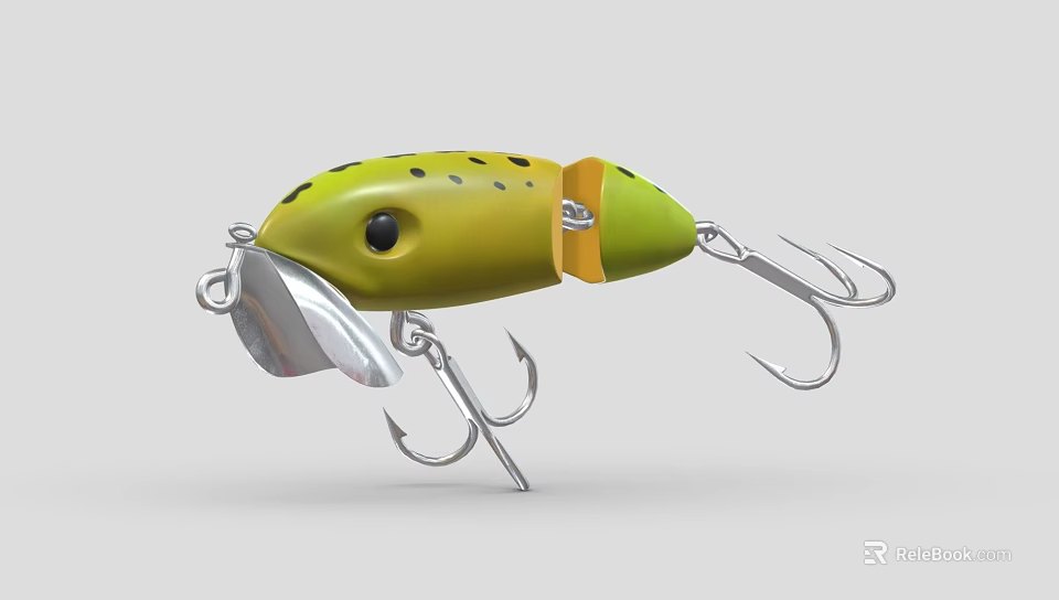 Green Fishing Lure With Black Spots Metal Blade And Sharp Hooks Design 3d model 