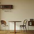 Round Wooden Dining Table Set With Designer Chairs Wall Mounted Glass Cabinet And Green Plant