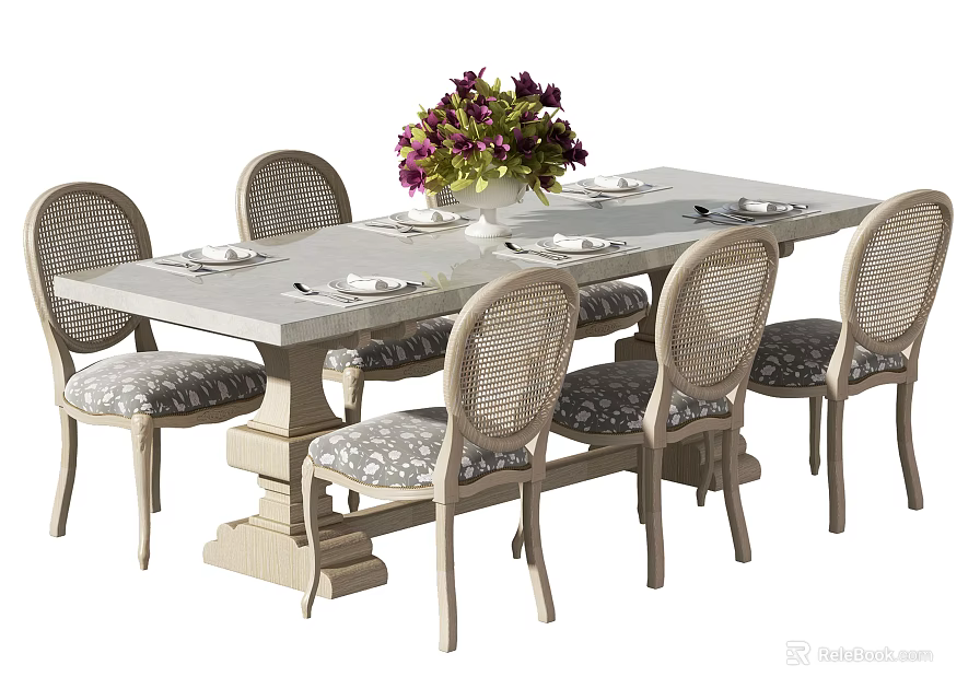 Rustic Wooden Dining Table Set With Rattan Back Chairs Floral Vase And Tableware 3d model 