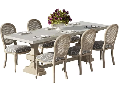 Rustic Wooden Dining Table Set With Rattan Back Chairs Floral Vase And Tableware 3d model