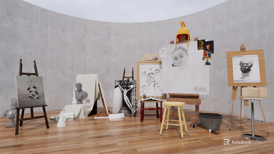 Art Supplies and Musical Instruments in Creative Studio With Easels Canvases and Stools 3d model 