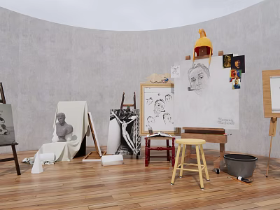 Art Supplies and Musical Instruments in Creative Studio With Easels Canvases and Stools 3d model