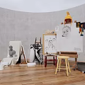 Art Supplies and Musical Instruments in Creative Studio With Easels Canvases and Stools