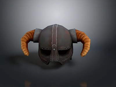 Viking Horned Weapon Helmet In Dark Brown With Orange Horns And Metal Accents 3d model