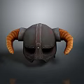 Viking Horned Weapon Helmet In Dark Brown With Orange Horns And Metal Accents