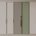 Modern Wardrobe Doors Featuring Light Grey White and Green Panels with Brass Handles